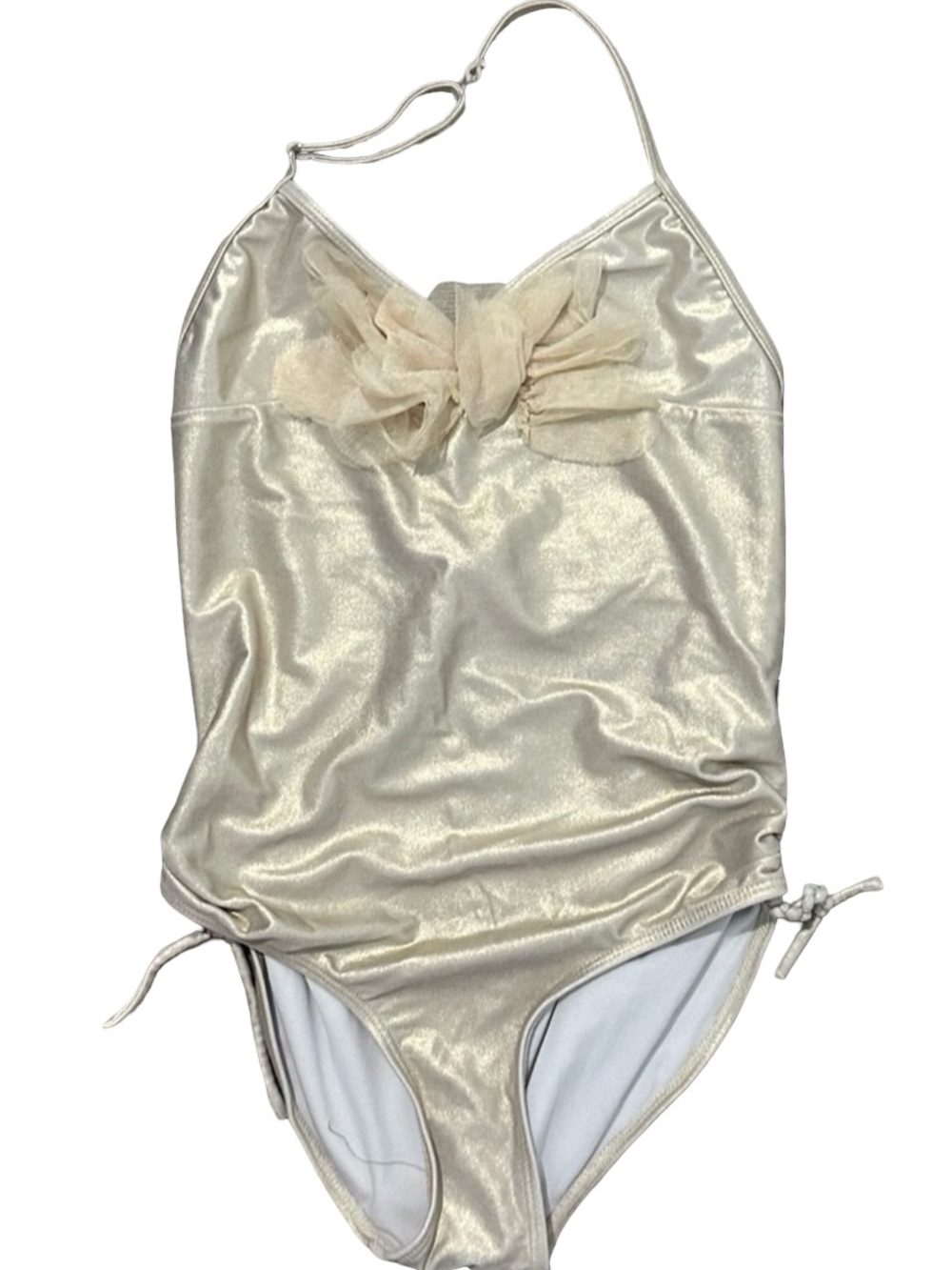 EUC Kate Mack Girls Size 12 Shimmery Gold Halter One-Piece Swimsuit with Bow